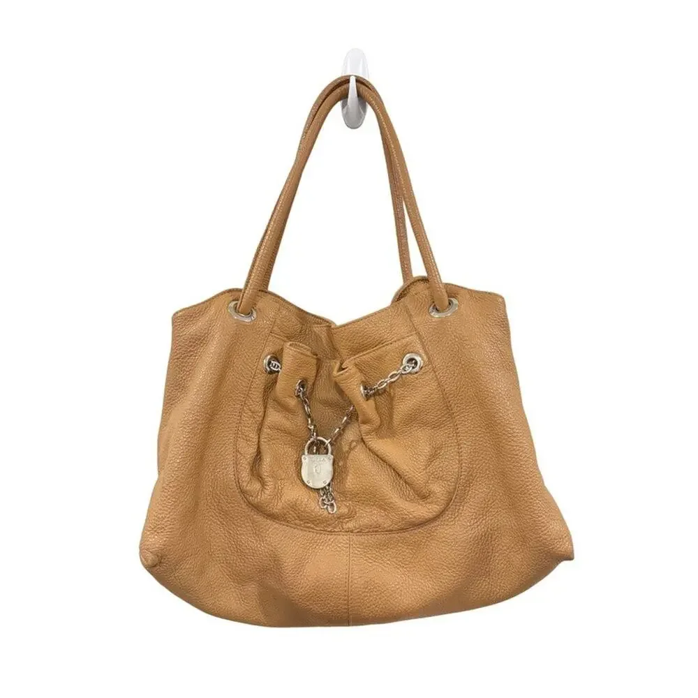 Furla Tan Pebbled Leather Chain Lock Drawstring Satchel Shoulder‎ Bag Y2K Boho